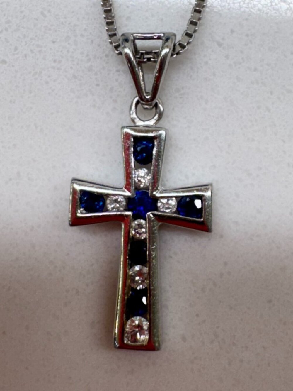 14k White Gold Sapphire & Diamond Cross Pendant Necklace Italy 585 on 18 in chai